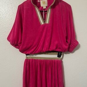 Emily Mccarthy Hot Pink Two-Piece Terry Set with Gold Trim